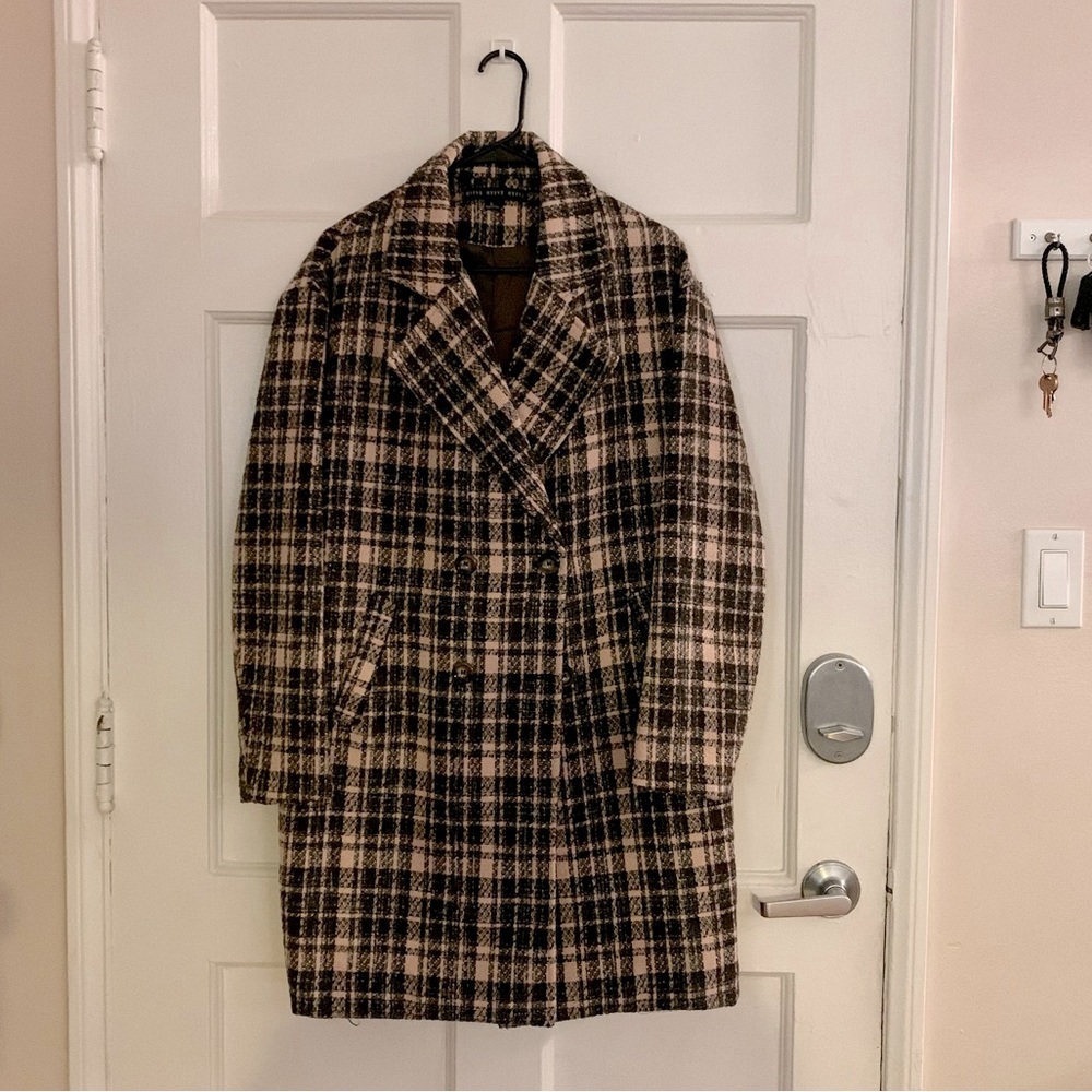 HYFVE Taupe and Black Plaid Wool Blend Double-Breasted Coat